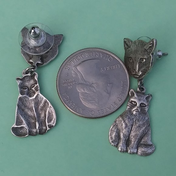 drop dangle cat earrings silver tone metal - Picture 6 of 11